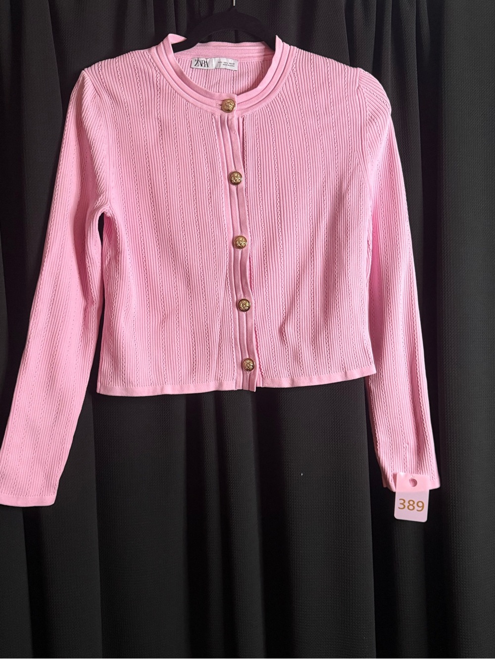 Zara Pink Ribbed Knit Cardigan with Gold Buttons - Flaws noted in photo